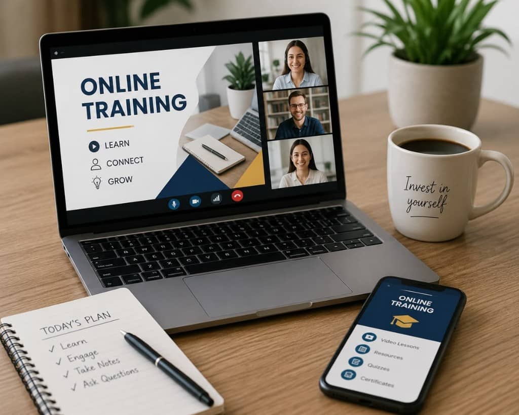 Online workshop desk setup with laptop video call and learning notes
