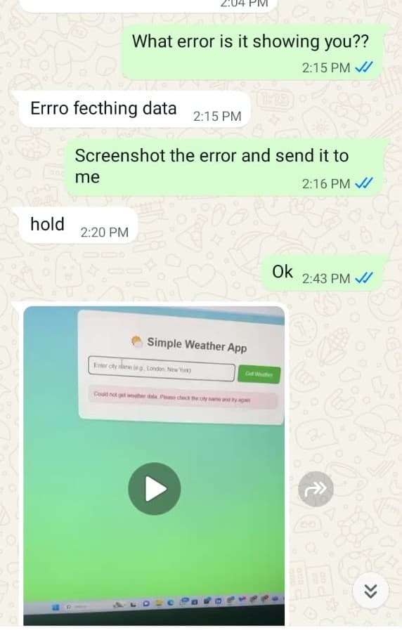 WhatsApp thread where Brandon shares a weather app screen while asking for help with a data-fetching error