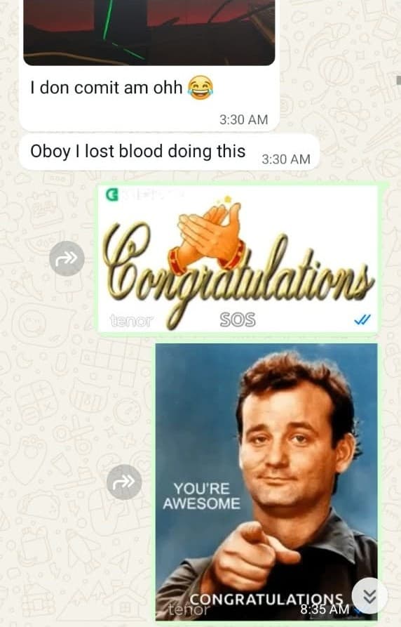 WhatsApp messages where Brandon says he committed his work and the tutor replies with congratulations