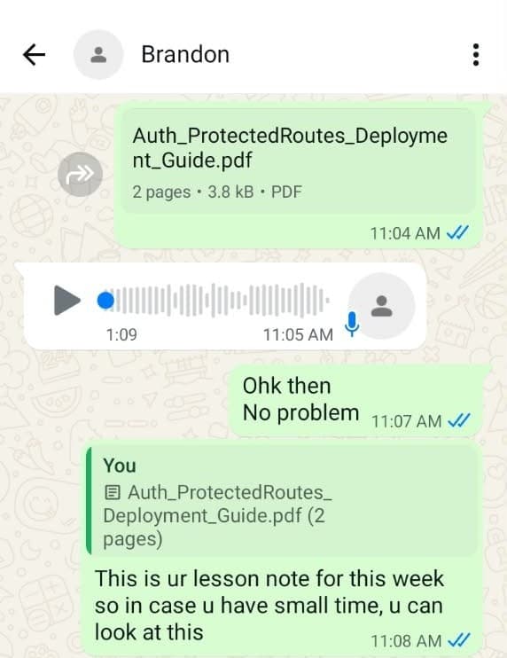 WhatsApp message showing a lesson note PDF sent for the week with guidance to review it when time allows