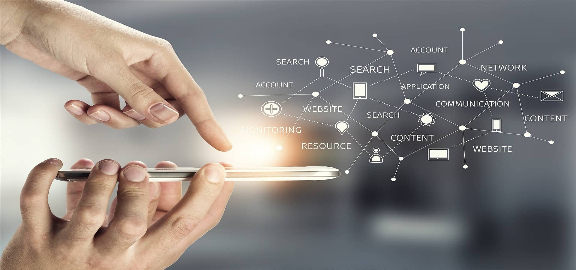 A hand interacting with a connected digital product network
